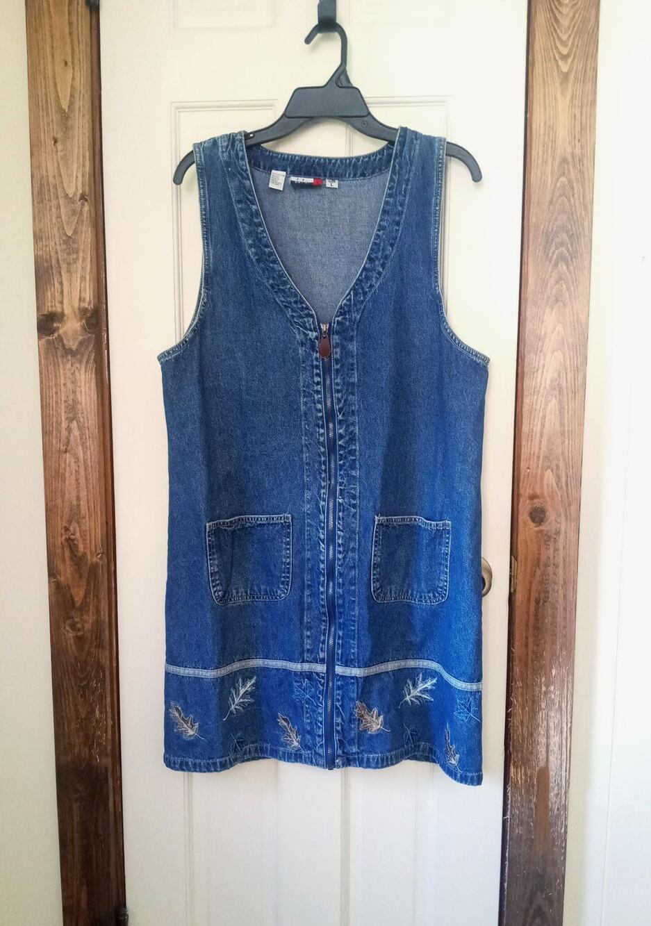 Vintage Embroidered Denim Jumper Dress Fall Autumn Leaf Design